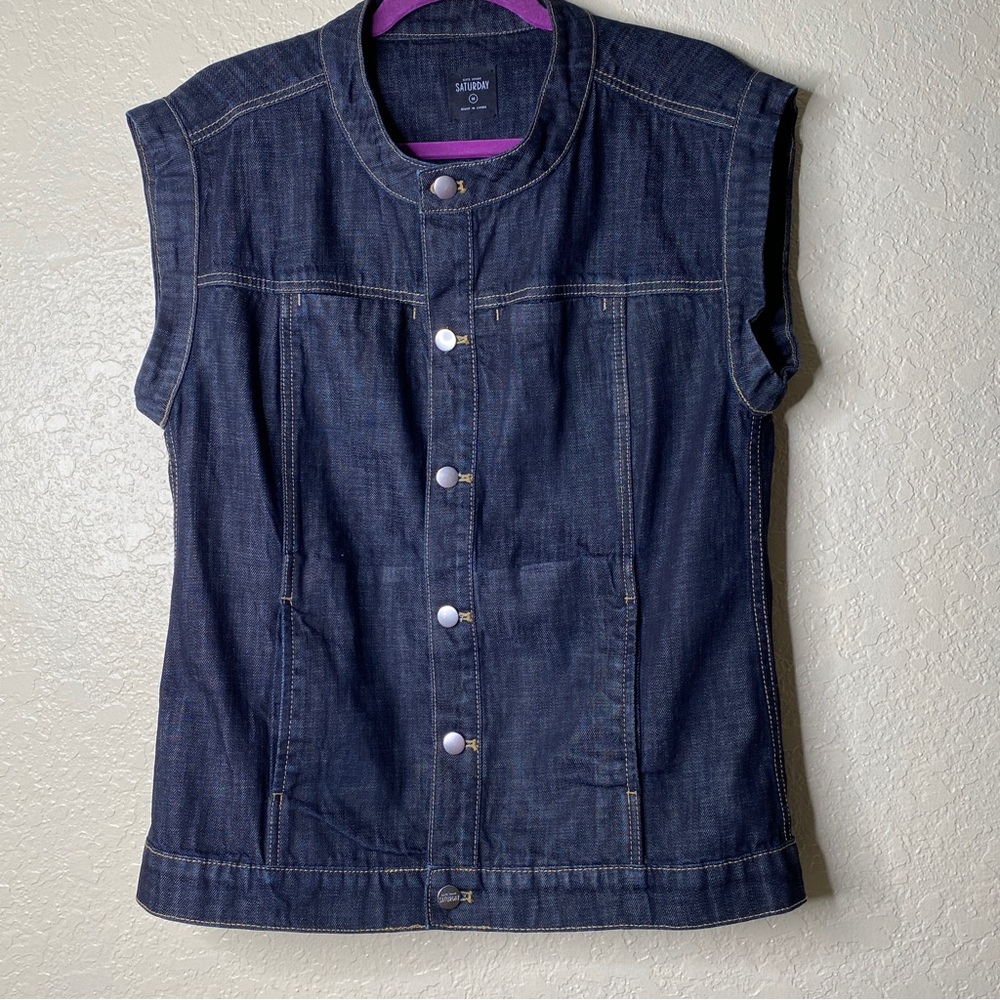 Kate Spade Saturday Denim Sleeveless Button Dark Blue Pockets Jean Vest Sz M